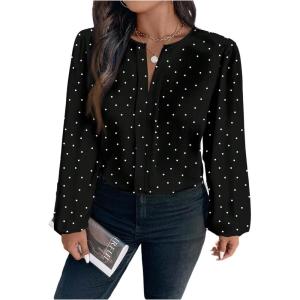 image:imageGORGLITTER Womens Plus Size Polka Dots Long Sleeve Top Blouses Dressy Business Casual Fall V Neck Going Out Top ShirtBlack and White