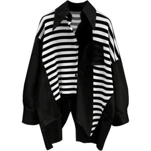 image:imageGORGLITTER Womens Plus Size Tops Casual Button Down Shirts Striped Asymmetrical Long Sleeve Button Up Blouse TopsBlack