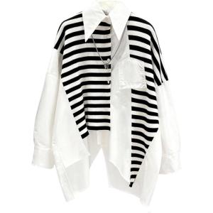 image:imageGORGLITTER Womens Plus Size Tops Casual Button Down Shirts Striped Asymmetrical Long Sleeve Button Up Blouse TopsBlack and White