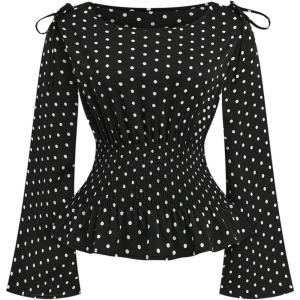 image:imageGORGLITTER Womens Plus Size Tops Peplum Polka Dots Babydoll Cinched Tops Long Sleeve Boat Neck Shirts Going Out OutfitsBlack and White