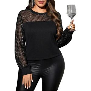image:imageGORGLITTER Womens Plus Size Tops Sequin Glitter Sparkly Rhinestone Mesh Patchwork Long Sleeve Bling Blouse Tops Outfits Black XXLarge Plus