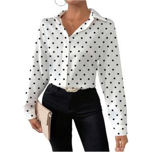 image:imageGORGLITTER Womens Polka Dots Button Up Shirts Long Sleeve Fall Work Business Dressy Shirt TopsBlack and White
