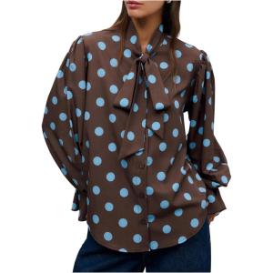 image:imageGORGLITTER Womens Polka Dots Top Bishop Long Sleeve Work Office Shirt Business Casual Tie Front Going Out OutfitsBrown