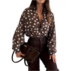 image:imageGORGLITTER Womens Polka Dots Top Bishop Long Sleeve Work Office Shirt Business Casual Tie Front Going Out OutfitsCoffee Brown