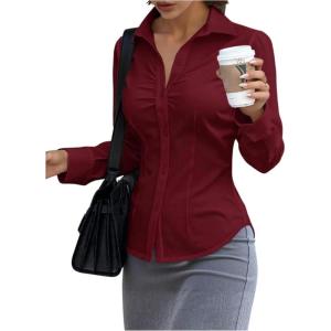 image:imageGORGLITTER Womens Ruched Fitted Blouse Long Sleeve Shirts Collared Slim Fit Business Work Casual Fall Fashion TopsBurgundy