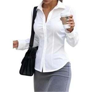 image:imageGORGLITTER Womens Ruched Fitted Blouse Long Sleeve Shirts Collared Slim Fit Business Work Casual Fall Fashion TopsWhite