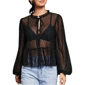 image:imageGORGLITTER Womens Tie Front Mesh Boho Top Sheer Bishop Sleeve Babydoll Shirt Mock Neck Party Blouses Going Out TopsBlack