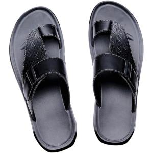 image:imageGORGLITTER Mens Leather Sandals Slide Beach Outdoor Round Flip Flops Slip On SlippersBlack