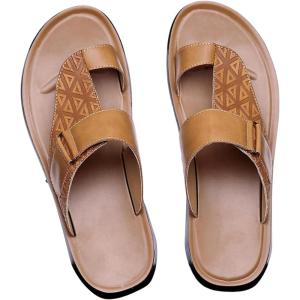 image:imageGORGLITTER Mens Leather Sandals Slide Beach Outdoor Round Flip Flops Slip On SlippersBrown