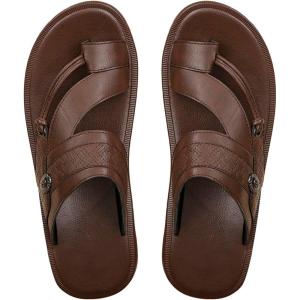 image:imageGORGLITTER Mens Leather Sandals Slide Beach Outdoor Round Flip Flops Slip On SlippersCoffee Brown