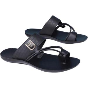 image:imageGORGLITTER Mens Leather Sandals Slide Beach Outdoor Round Flip Flops Slip On SlippersSolid Black