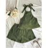 image:imageGORGLITTER 2 Piece Sets for Women Summer Crochet Textured Tie Back Crop Halter Tops and Shorts SetDark Green