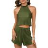 image:imageGORGLITTER 2 Piece Sets for Women Summer Crochet Textured Tie Back Crop Halter Tops and Shorts SetDark Green