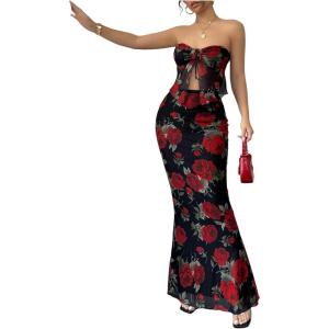 image:imageGORGLITTER Womens 2 Piece Skirt Sets Floral Mesh Strapless Tie Front Tops and Bodycon Long Maxi Skirt Summer OutfitsBlack
