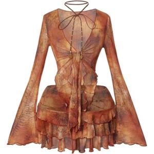image:imageGORGLITTER Womens Boho 2 Piece Outfits Western Vacation Y2K Tie Front Bell Sleeve Mesh Top Ruffle Mini Skirts Set