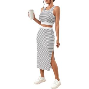 image:imageGORGLITTER Womens Skirt Sets 2 Piece Outfits Striped Skirt and Top Set Summer Going Out OutfitsBlack and White