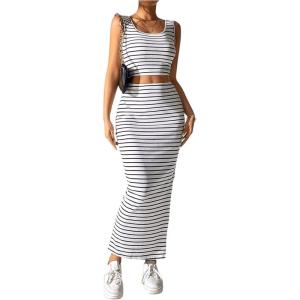 image:imageGORGLITTER Womens Skirt Sets 2 Piece Outfits Striped Skirt and Top Set Summer Going Out OutfitsStriped White