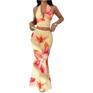 image:imageGORGLITTER Womens Summer Vacation Set 2 Piece Floral Backless Halter Top Bodycon Maxi Skirt Sets Going Out OutfitPink and Yellow