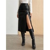 image:imageGORGLITTER Womens Leather Slit Bodycon Midi Skirts Y2k High Waisted Ruched Asymmetrical Trendy Pencil Maxi SkirtBlack