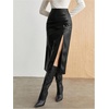 image:imageGORGLITTER Womens Leather Slit Bodycon Midi Skirts Y2k High Waisted Ruched Asymmetrical Trendy Pencil Maxi SkirtBlack