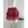 image:imageGORGLITTER Womens Ruffle Flowy Floral Mini Skirt Y2k Mesh High Waisted Layered Skirts with Shorts UnderneathRed