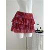 image:imageGORGLITTER Womens Ruffle Flowy Floral Mini Skirt Y2k Mesh High Waisted Layered Skirts with Shorts UnderneathRed