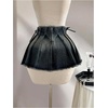 image:imageGORGLITTER Womens Y2K Pleated Mini Jean Skirt Zipper Raw Hem Ruffle Music Festival Flared Denim SkirtsBlue