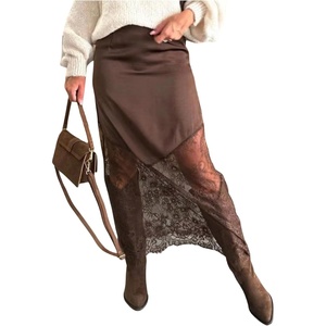image:imageGORGLITTER Womens Elegant Lace Trim Satin Maxi Skirt High Waisted A Line Asymmetrical Silk Long Slip Skirts