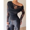 image:imageGORGLITTER Womens Lace Tops Long Sleeve Off The Shoulder Cowl Neck Ruched T Shirt Going Out Rave TopBlack