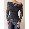image:imageGORGLITTER Womens Lace Tops Long Sleeve Off The Shoulder Cowl Neck Ruched T Shirt Going Out Rave TopBlack