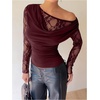 image:imageGORGLITTER Womens Lace Tops Long Sleeve Off The Shoulder Cowl Neck Ruched T Shirt Going Out Rave TopBurgundy