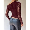image:imageGORGLITTER Womens Lace Tops Long Sleeve Off The Shoulder Cowl Neck Ruched T Shirt Going Out Rave TopBurgundy