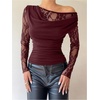 image:imageGORGLITTER Womens Lace Tops Long Sleeve Off The Shoulder Cowl Neck Ruched T Shirt Going Out Rave TopBurgundy