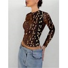 image:imageGORGLITTER Womens Paisley Print Sheer Mesh Crop Tops Y2K Long Sleeve Crewneck Slim T ShirtBrown Graphic