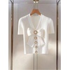 image:imageGORGLITTER Womens Pearl Beaded Tops Dressy Casual Bow Short Sleeve Sweater V Neck Ruffle Trim Knit TopsWhite