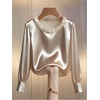 image:imageGORGLITTER Womens Pearl Satin Top Dressy Casual Long Sleeve Crew Neck Fall Office Work Shirt Elegant Going Out TopsApricot