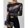 image:imageGORGLITTER Womens Ruched Off The Shoulder Top Tie Dye Sheer Mesh Long Sleeve T Shirt Fitted Trendy Going Out ShirtsBrown