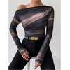 image:imageGORGLITTER Womens Ruched Off The Shoulder Top Tie Dye Sheer Mesh Long Sleeve T Shirt Fitted Trendy Going Out ShirtsBrown