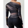 image:imageGORGLITTER Womens Ruched Off The Shoulder Top Tie Dye Sheer Mesh Long Sleeve T Shirt Fitted Trendy Going Out ShirtsBrown