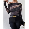image:imageGORGLITTER Womens Ruched Off The Shoulder Top Tie Dye Sheer Mesh Long Sleeve T Shirt Fitted Trendy Going Out ShirtsBrown