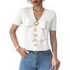 image:imageGORGLITTER Womens Pearl Beaded Tops Dressy Casual Bow Short Sleeve Sweater V Neck Ruffle Trim Knit TopsWhite