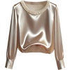 image:imageGORGLITTER Womens Pearl Satin Top Dressy Casual Long Sleeve Crew Neck Fall Office Work Shirt Elegant Going Out TopsApricot