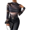 image:imageGORGLITTER Womens Ruched Off The Shoulder Top Tie Dye Sheer Mesh Long Sleeve T Shirt Fitted Trendy Going Out ShirtsColorful