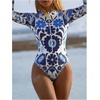 image:imageGORGLITTER Womens One Piece Long Sleeve Swimsuit Tummy Control Rash Guard Zip Up Full Coverage Bathing Suit SwimwearBlue