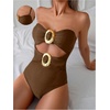 image:imageGORGLITTER Womens Strapless High Cut One Pieces Swimsuits Bandeau Classy Bathing Suit Cut Out Tummy Control MonokiniSolid Brown