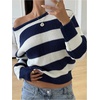 image:imageGORGLITTER Girls Sweaters Knit Striped Long Sleeve Color Block Asymmetrical One Shoulder Pullover Knitwear Crop SweaterBlue and White