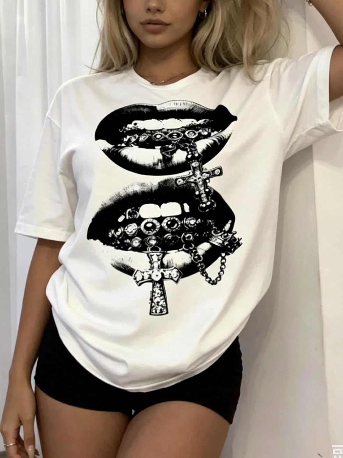 image:imageGORGLITTER Womens Oversized Graphic Tees Y2K Hip Hop Short Sleeve T Shirt Summer Loose Vintage Going Out TopsWhite Lip