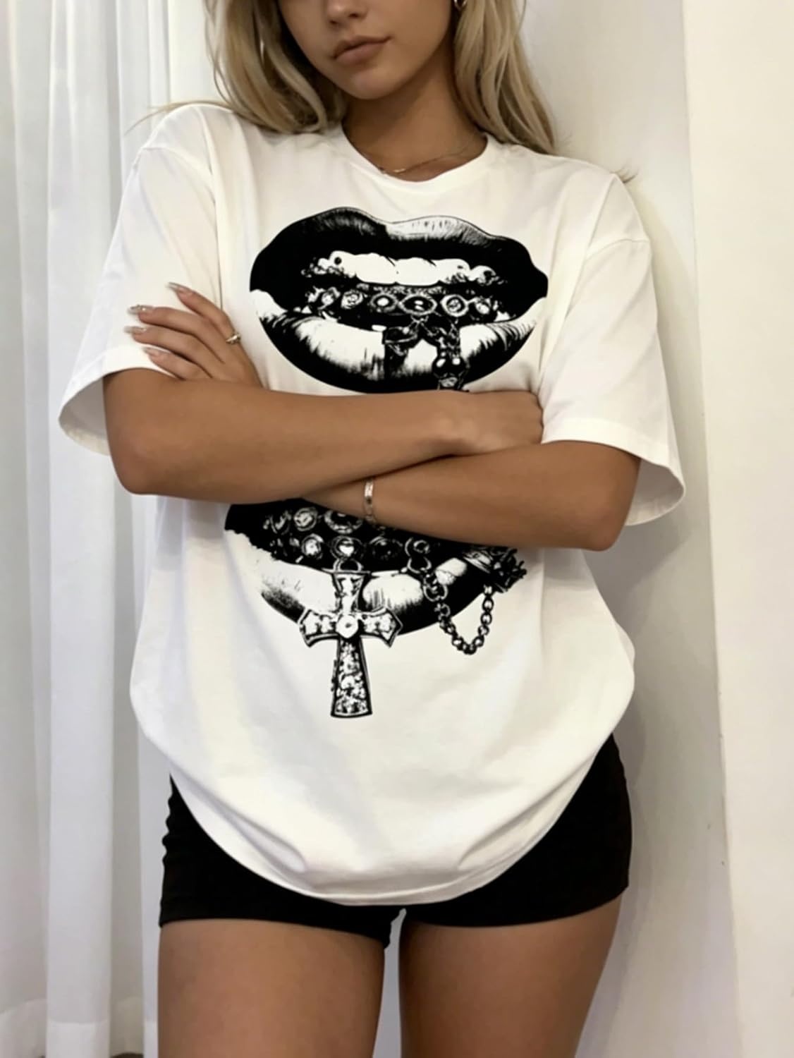 image:imageGORGLITTER Womens Oversized Graphic Tees Y2K Hip Hop Short Sleeve T Shirt Summer Loose Vintage Going Out TopsWhite Lip