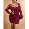 image:imageGORGLITTER Womens Plus Size Lace Dress Fall Casual Wrap Ruched Long Sleeve Bodycon Cocktail Birthday Party Mini DressBurgundy