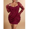 image:imageGORGLITTER Womens Plus Size Lace Dress Fall Casual Wrap Ruched Long Sleeve Bodycon Cocktail Birthday Party Mini DressBurgundy